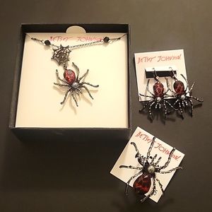 Betsey Johnson Spider Necklace, Earrings, and Ring.
